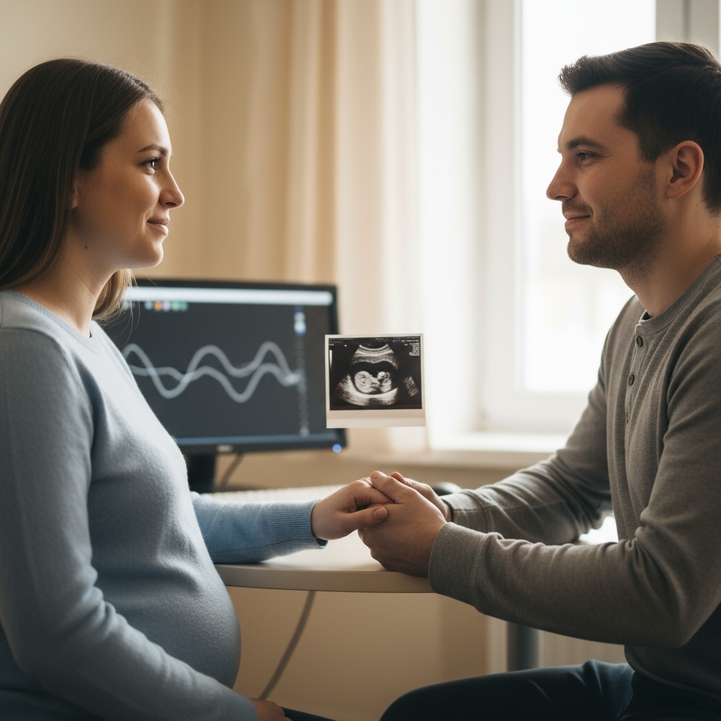 A pregnant woman and man sit facing each other at a table with a computer monitor displaying an ultrasound image of their ...