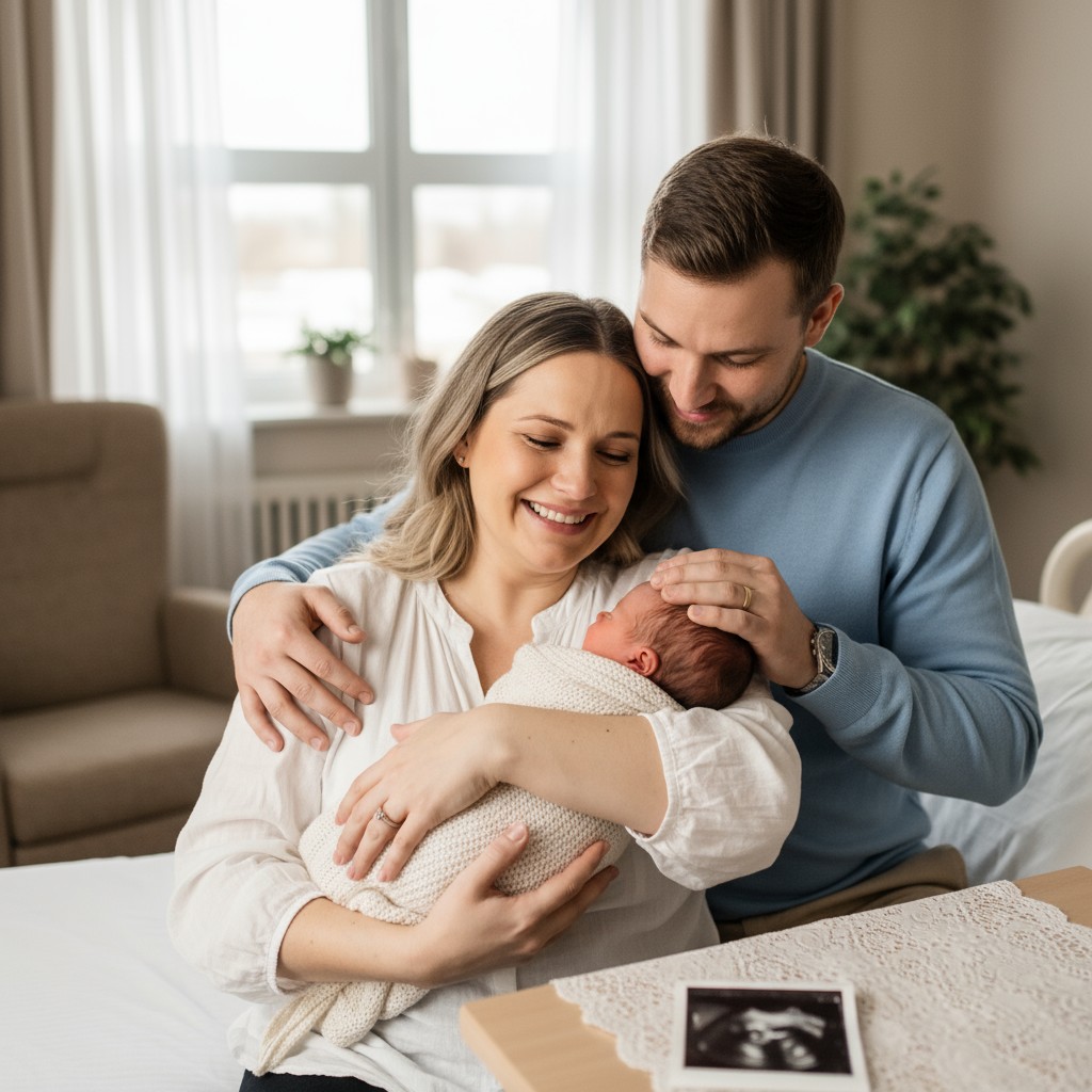 A family in its home is gathered around an infant, likely in the nursery. The man is aged between 35 and 40 years and wear...