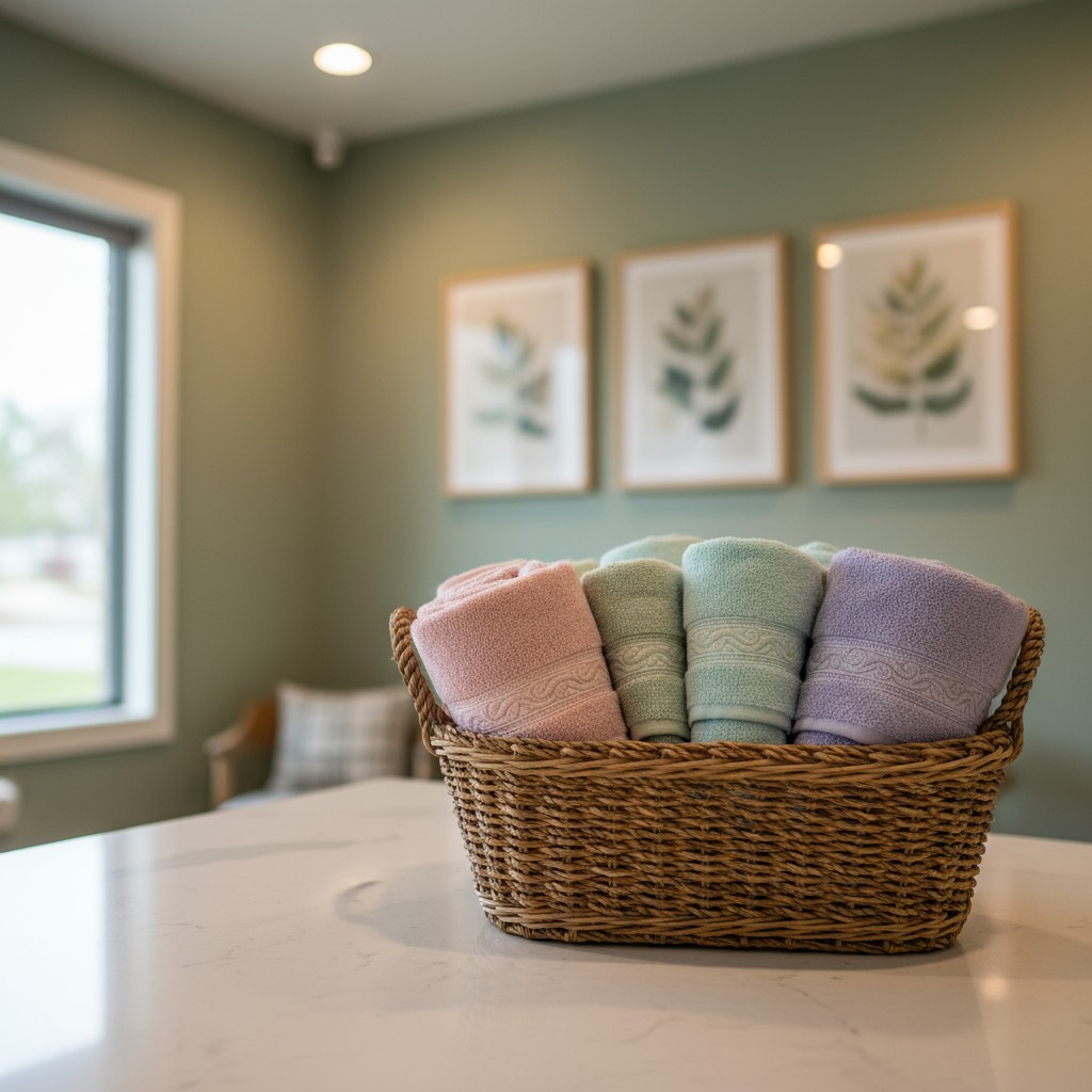 A basket of rolled-up towels in pastel colors, the towels appear to be in different sizes, and seem to be piled inside a d...