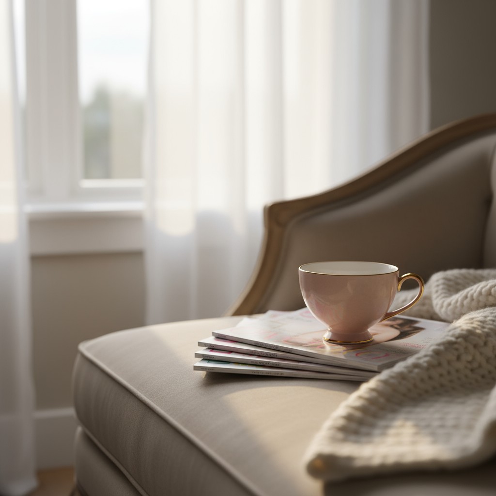 "coffee and a magazine on a beige couch indoors."